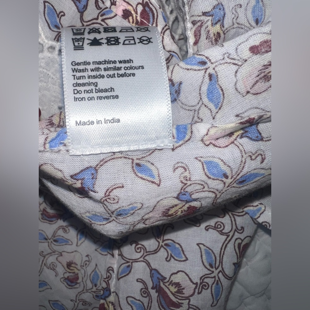 ME+EM Cotton Voile Sweet Pea Floral Printed Blouse White Crochet Trim US 10 NWOT - Picture 9 of 12